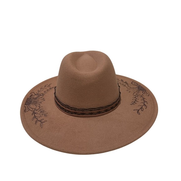 Handcrafted Brown Custom Wood Burned Sunflower Wide Brim Hat Lace Band - Picture 5 of 8